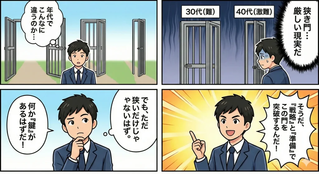 30代の未経験IT転職を成功させるコツを描いた4コマ漫画。1コマ目、男性がスマホを見ながら「30代は厳しい?無理か?」と不安がる。2コマ目、博士が「数字だけで諦めるのは早い!戦略次第で道は開ける」と励ます。3コマ目、男性が机に向かい「自己分析」と「企業MVV(ミッション・ビジョン・バリュー)への共感」を整理する。4コマ目、スマホに届いた「内定通知」を見て笑顔の男性。「コツを知れば内定獲得できる」と結ぶシーン。