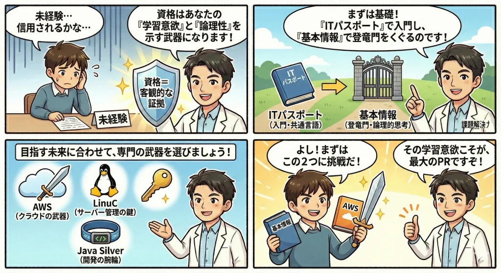 1コマ目: 悩む未経験の男性に対し、白衣を着たアドバイザーが盾(資格=客観的な証拠)を差し出す。「資格はあなたの『学習意欲』と『論理性』を示す武器になります!」と助言。
2コマ目: ITパスポートから基本情報技術者試験へのステップアップを道と門で表現。「まずは基礎!『ITパスポート』で入門し、『基本情報』で登竜門をくぐるのです!」と解説。
3コマ目: 目指す分野に合わせた武器(AWS、LinuC、Java Silver)が提示されている。「目指す未来に合わせて、専門の武器を選びましょう!」とアドバイザーが促す。
4コマ目: 本と剣を手にした男性が「よし!まずはこの2つに挑戦だ!」と意気込む。アドバイザーが親指を立てて「その学習意欲こそが、最大のPRですぞ!」と励ます。