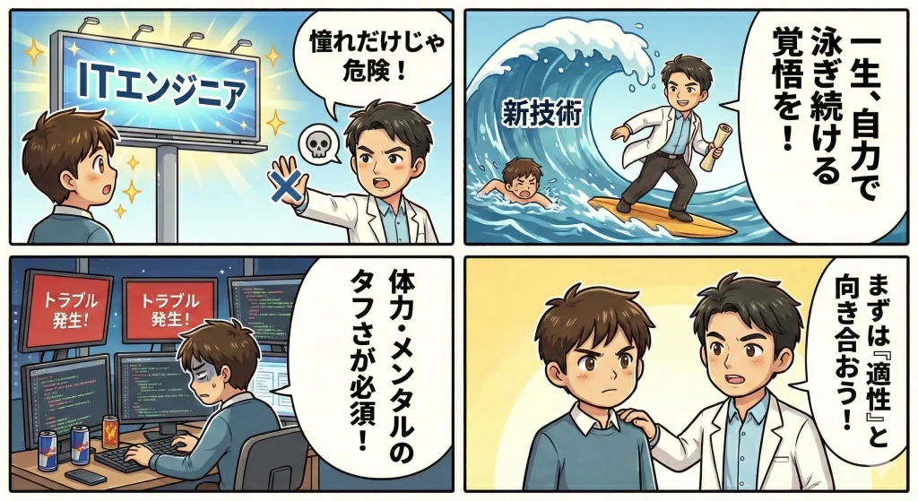 1コマ目: 輝く「ITエンジニア」の看板に目を輝かせる男性。アドバイザーが「憧れだけじゃ危険!」と制止する。
2コマ目: 押し寄せる「新技術」の荒波でアドバイザーがサーフィンをし、男性が溺れている様子。「一生、自力で泳ぎ続ける覚悟を!」と自学自習の厳しさを強調。
3コマ目: 深夜、複数のモニターに囲まれ「トラブル発生!」のアラートに対応する疲弊した男性。「体力・メンタルのタフさが必須!」と現場のリアルを伝える。
4コマ目: アドバイザーが男性の肩を叩き、「まずは『適性』と向き合おう!」と真剣に諭す。