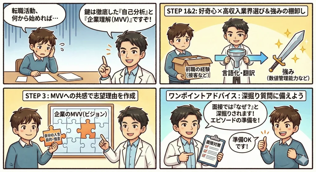 未経験IT転職の具体的な手順を解説する4コマ漫画。1コマ目、何から始めるべきか悩む男性に、博士が「鍵は徹底した自己分析と企業理解(MVV)」と教える。2コマ目、前職の接客経験などを「言語化・翻訳」という漏斗に通すと、「数値管理能力」などの強み(剣)に変わる図解。3コマ目、パズルを埋めるように「自分の人生目的・信念」を「企業のMVV」に合致させるステップ。4コマ目、面接対策の書類を持つ博士が「なぜ?と深掘りされるエピソードの準備を」と助言し、男性が「準備OK」とガッツポーズするシーン。