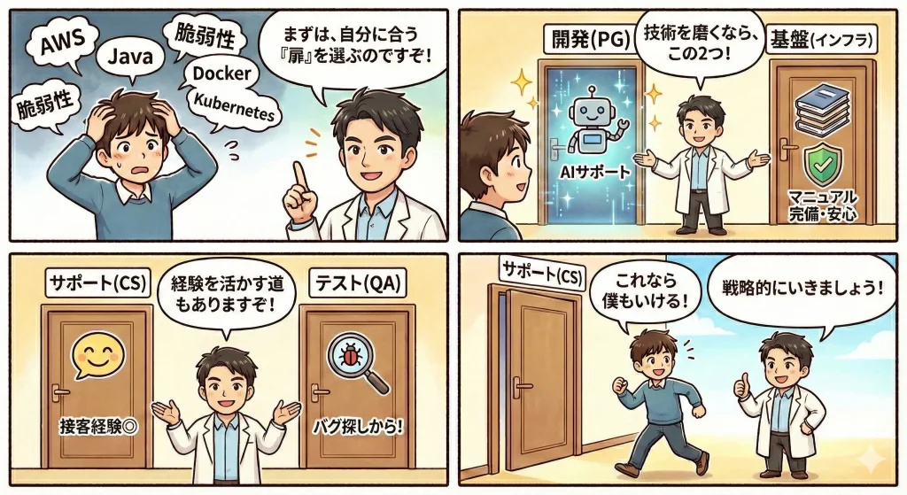 1コマ目: 主人公が「AWS」「Java」「脆弱性」「Docker」などの専門用語に混乱している。アドバイザーが「まずは、自分に合う『扉』を選ぶのですぞ!」とアドバイス。
2コマ目: 「開発(PG)」と「基盤(インフラ)」の2つの扉が示される。開発には「AIサポート」、インフラには「マニュアル完備・安心」のアイコンがある。
3コマ目: 「サポート(CS)」と「テスト(QA)」の扉が示される。CSには「接客経験◎」、QAには「バグ探しから!」という特徴が書かれている。
4コマ目: 走り出す男性が「これなら僕もいける!」と自信を見せ、アドバイザーが「戦略的にいきましょう!」と激励している。