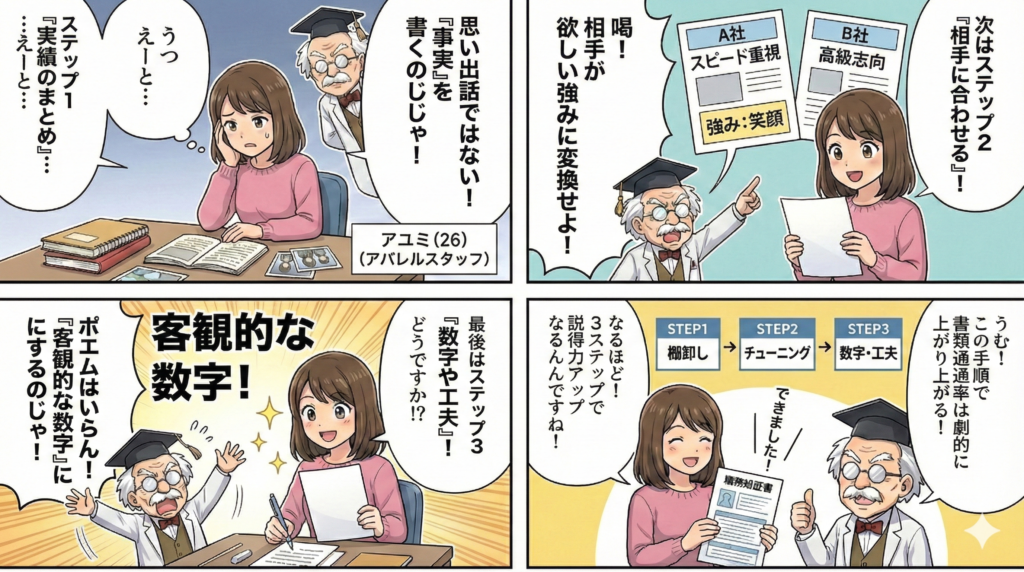 右上コマ

教授：「喝！相手が欲しい強みに変換せよ！」

あゆみ（A社とB社の求人を見る）：「次はステップ2『相手に合わせる』！」

書類：A社 スピード重視（強み：笑顔）、B社 高級志向

左上コマ

教授：「思い出話ではない！『事実』を書くのじゃ！」

あゆみ（過去の写真を見ながら）：「ステップ1『実績のまとめ』…えーと…う、うーと…」

右下コマ

教授：「うむ！この手順で書類通過率は劇的に上がり上がる！」

図解：STEP1 棚卸し ➡︎ STEP2 チューニング ➡︎ STEP3 数字・工夫

あゆみ（完成した書類を持ち笑顔）：「できました！」「なるほど！3ステップで説得力アップするんですね！」

左下コマ

教授：「ポエムはいらん！『客観的な数字』にするのじゃ！」

背景の大きな文字：客観的な数字！

あゆみ：「最後はステップ3『数字や工夫』！どうですか！？」