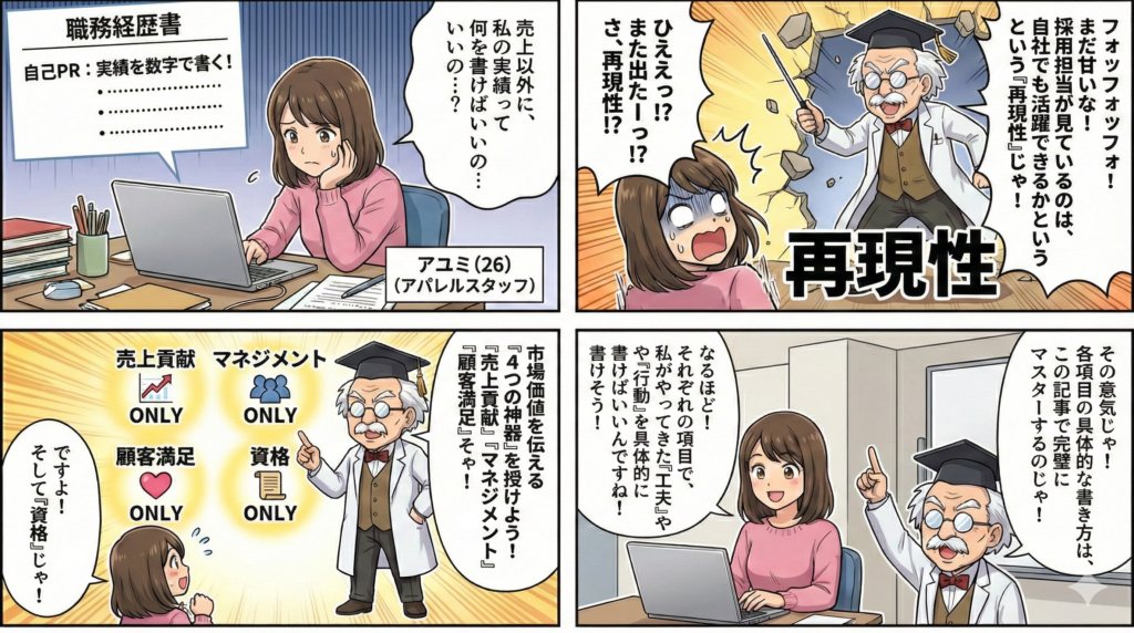 右上コマ

教授（壁を突き破って登場）：「フォッフォッフォ！まだ甘いな！採用担当が見ているのは、自社でも活躍できるかという『再現性』じゃ！」

中央の文字：再現性

あゆみ：「ひえぇっ！？また出たーっ！？さ、再現性！？」

左上コマ

あゆみ（悩み顔）：「売上以外に、私の実績って何を書けばいいの…？」

書類の文字：職務経歴書 自己PR：実績を数字で書く！

右下コマ

教授：「その意気じゃ！各項目の具体的な書き方は、この記事で完璧にマスターするのじゃ！」

あゆみ：「なるほど！それぞれの項目で、私がやってきた『工夫』や『行動』を具体的に書けばいいんですね！書けそう！」

左下コマ

教授：「市場価値を伝える『4つの神器』を授けよう！『売上貢献』『マネジメント』『顧客満足』そや！」

アイコン：売上貢献、マネジメント、顧客満足、そして『資格』じゃ！

あゆみ：「ですよ！」